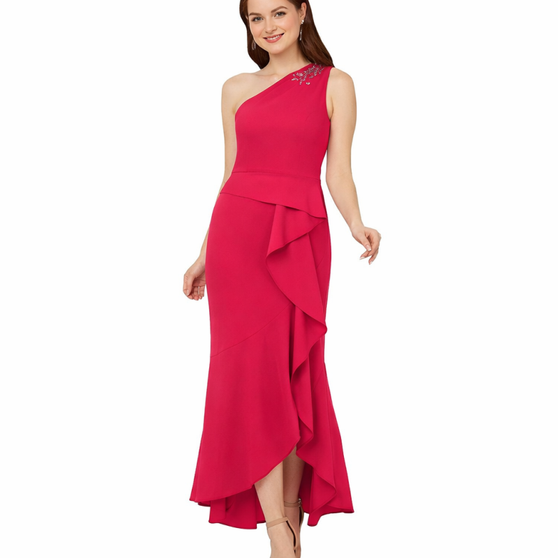 Papell Studio1 Women's Beaded One-Shoulder Crepe Gown